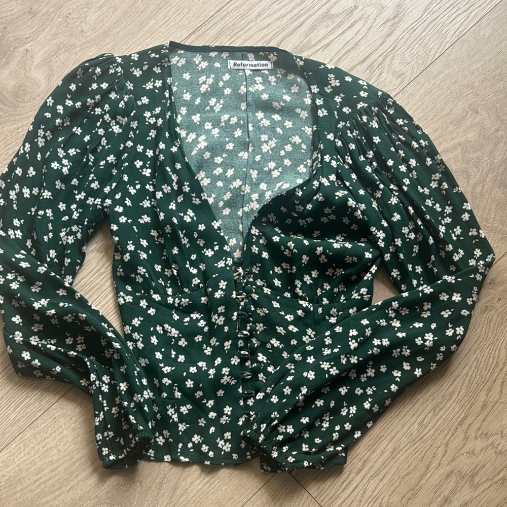 Reformation Green Floral Blouse